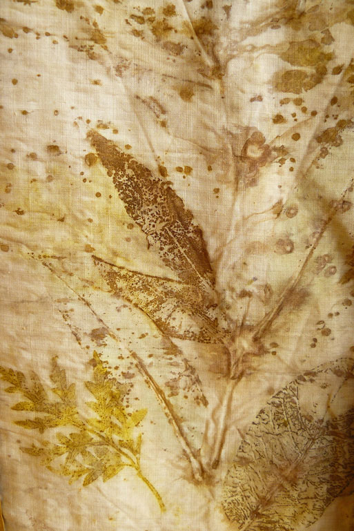 Detalhe da obra de arte têxtil Hagoromo mostrando impressão botânica da folha do eucalipto e do cosmos