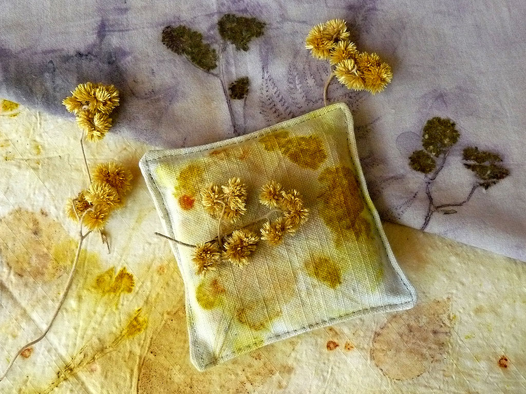 Tecidos de algodão lindamente tingidos com macela através da impressão botânica