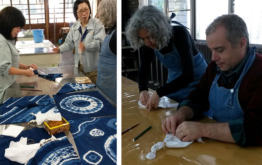 Fernanda Mascarenhas  Gil Gosch aprendendo a dobrar o tecido para o shibori
