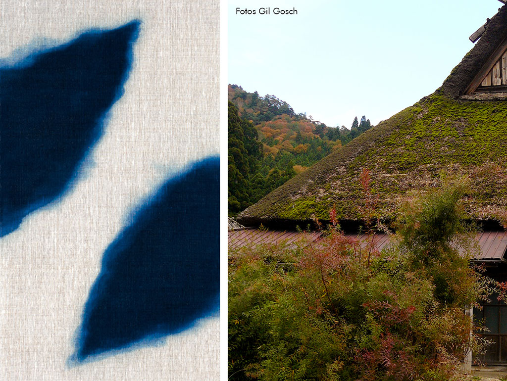Obra em azul: Detalhe da obra 翳・Ⅰ de Hiroyuki Shindo, reproduzida do catálogo do Musée de Somé Seiryu de Kyoto. Telhado de palha: Detalhe da foto de Gil Gosch obtida em Miyama, Kyoto, Japão.