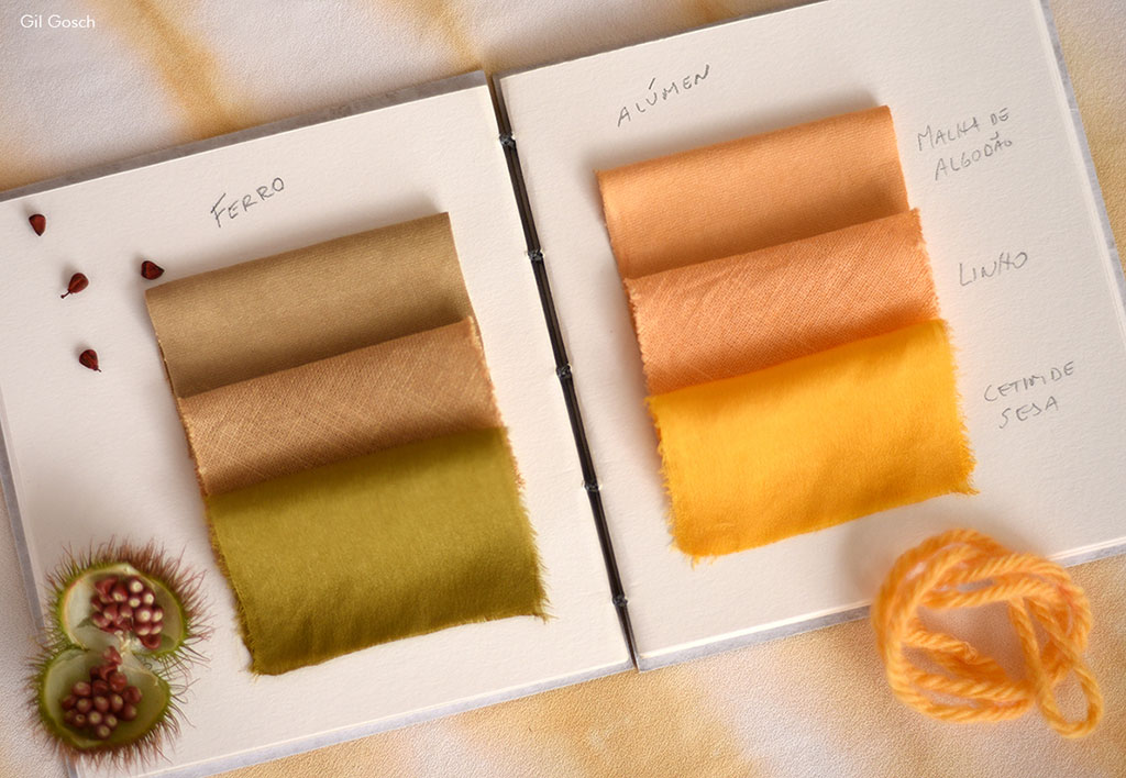 amostras de cores de tecidos tingidos com urucum de acordo com diferentes mordentes utilizados